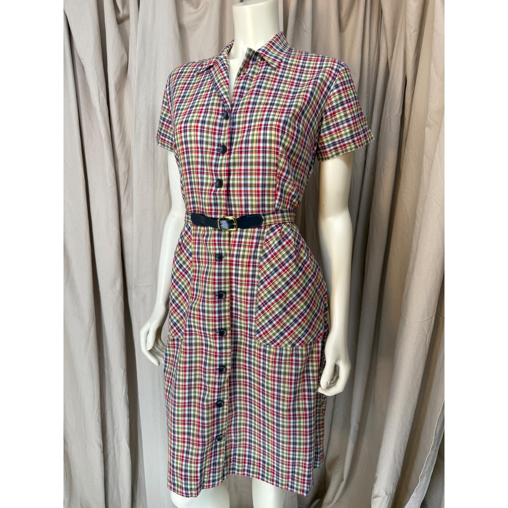 Vintage 40s Plaid Cotton Day Dress Belted A-Line Patch Pockets 1940s